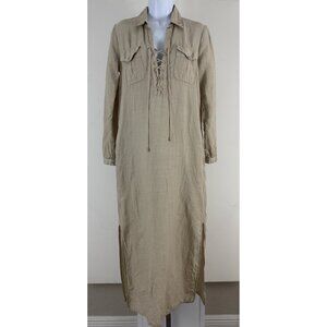 120% LINO Beige Long Sleeve Maxi Dress Lace Up Neckline Sz M